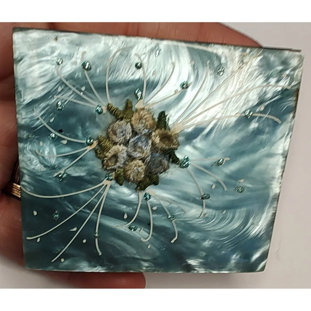 Vintage 1940s Marhill Blue Marbled Lucite Compact Photo Trinket Box Vanity MCM